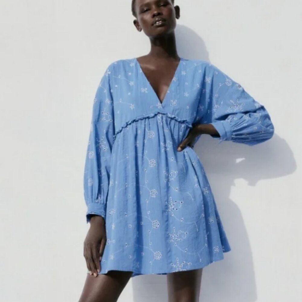 Zara short blue embroidered dress - XS